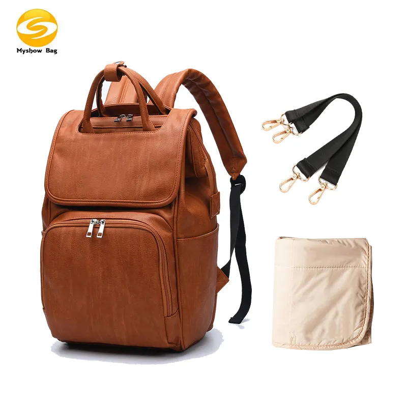 Mochila Premium para bolsa de pañales de cuero pu, mochila para pañales marrón con almohadilla cambiadora, diseño elegante bolsa de bebé de cuero vegano bolsa de pañales