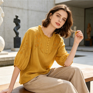 Women's <b>Yellow</b> Embroidered Viscose Blouse Three Quarter Sleeve O-Neck Collar Bohemian Loose Fit Elegant Lightweight Spring - Product Image 3