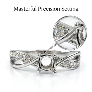 Anillo de compromiso nupcial para mujer de oro blanco de 18K con diamante natural redondo central, semimontura en blanco, pavé cruzado, venta al por mayor, pedido a granel - Product Image 2