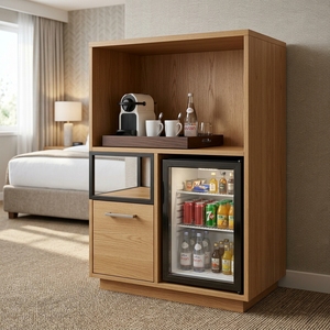 Mini-<span class=keywords><strong>bar</strong></span> d'hôtel en chêne blanc avec porte vitrée, mini-réfrigérateur, <span class=keywords><strong>3</strong></span> tiroirs, station à thé ouverte, meuble de rangement moderne pour chambre d'hôtes - Product Image 2