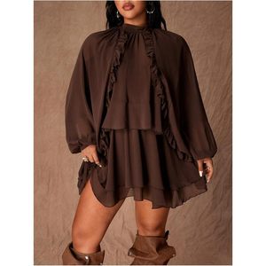 Vestido de Gasa para Mujer Tallas Grandes, Cuello Alto, Manga Larga, Corte A, con Volantes en Capas, Cintura Imperio, Estilo Y2K - Product Image 4