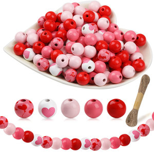 Wood <b>Beads</b> <b>Set</b> 160pcs Red Pink Heart Pattern For Bracelet Making Valentine's Day Jewelry Craft DIY With Hemp Rope - Product Image 1