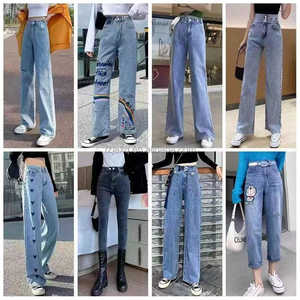 Jeans wanita lurus kaki lebar kasual, celana panjang Denim lurus pinggang tinggi untuk wanita - Product Image 2