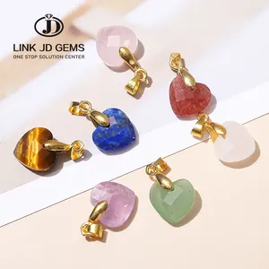 JD Fashion Natural Stones Charms 12x5mm Natural Pink Quartz Amethyst Yellow Tiger Eyes Stone Faceted Heart Pendant Gold Buckle