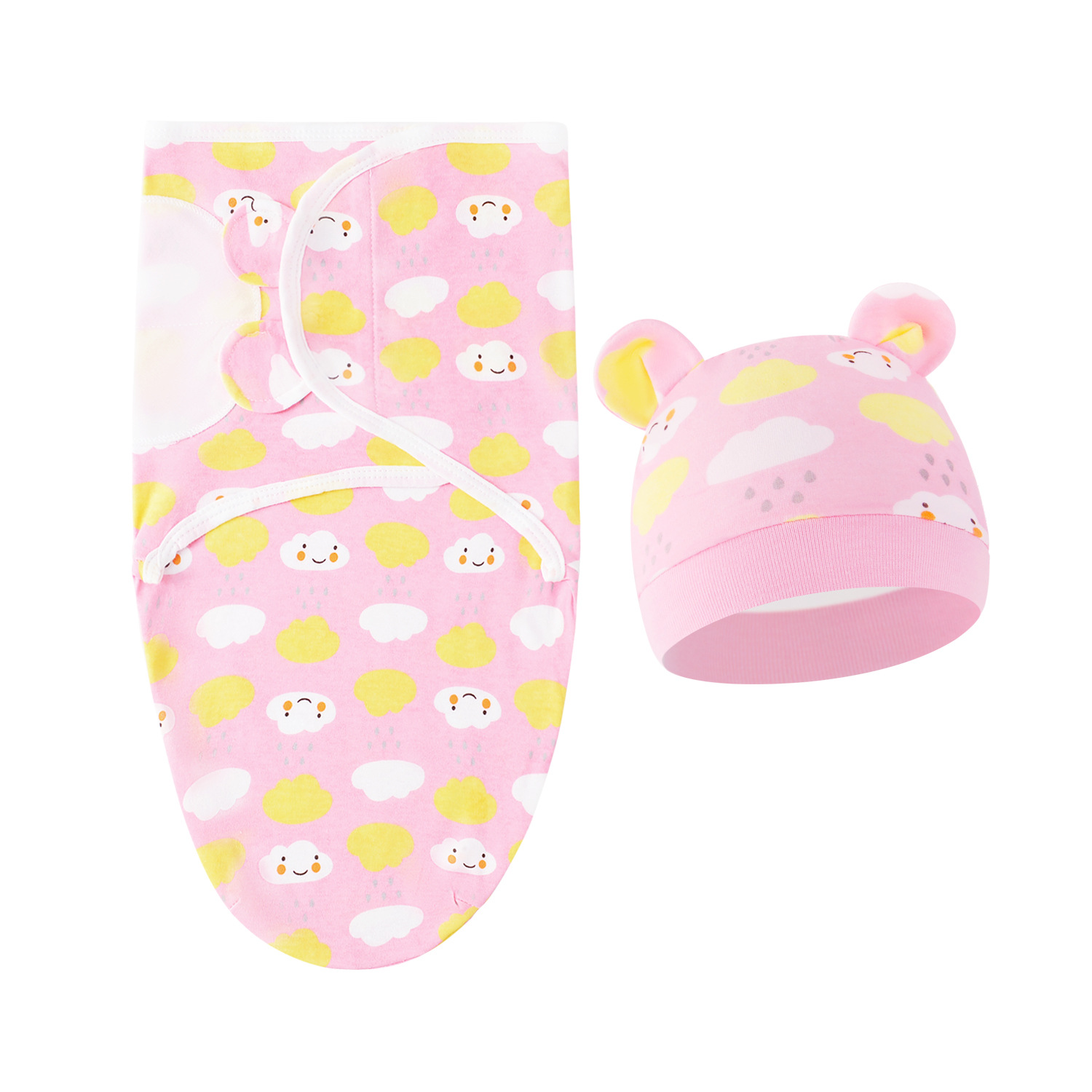 Pink cloud-swaddling blanket + hat