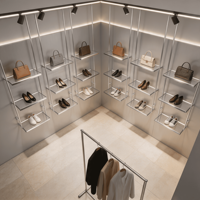 Étagères à sacs en métal modernes personnalisées de haute qualité, présentoirs pour sacs, vitrine de boutique, étagère à chaussures en acier inoxydable avec éclairage LED