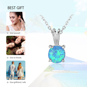 S925 Sterling Silver Blue <b>Opal</b> Solitaire Pendant <b>Necklace</b> Dainty Four Prong Minimalist Trendy Engagement Wedding Party Jewelry - Product Image 3