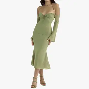 Professional Manufacturer Women'S Long Sleeve Mini Low Cut Straps Short Chiffon Vintage Ruffle Party Dress