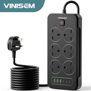 Vinisem 6 lỗ đa chức năng Ổ Cắm Điện mở rộng ổ cắm với USB và <span class=keywords><strong>Type</strong></span>-C UK tiêu chuẩn màu đen Power Strip - Product Image 1