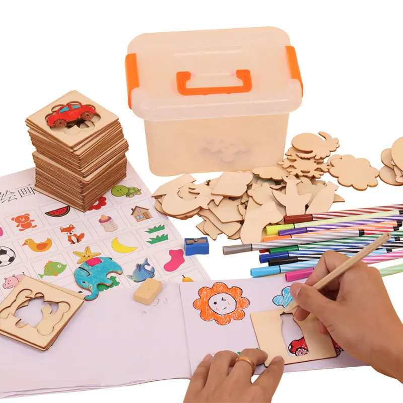Set Peralatan Seni Anak, Templat Grafiti Kayu untuk Kreativitas TK Menggambar Sketsa Belajar Anak