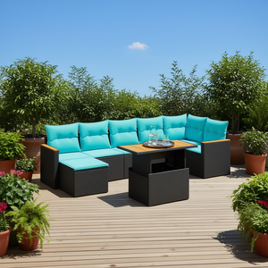 Ensemble de canapés de patio en polyrotin noir, 8 pièces, avec coussins, meubles d'extérieur pour terrasse de jardin, sièges de style contemporain pour 8 personnes - Product Image 2