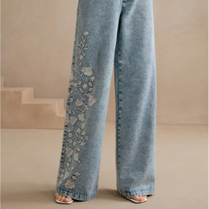 Jeans à jambes larges brodés de fleurs pour femmes, pantalon en denim ample, jeans patchwork taille haute, fabrication OEM en gros - Product Image 2