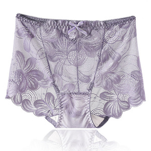 Pakaian dalam wanita renda elastis tidak mengikat, celana dalam wanita pinggang sedang berongga transparan segitiga seksi ukuran besar tanpa tanda - Product Image 4