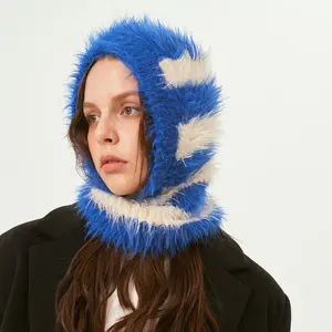 Masque de ski tricoté moelleux <span class=keywords><strong>en</strong></span> fausse <span class=keywords><strong>fourrure</strong></span> de vison multicolore à rayures automne hiver - Product Image 1