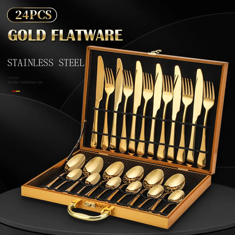 Wholesale Royal Knife Fork Spoon Set Luxury Restaurant Wedding 24pcs Gold Flatware Stainless Steel Cutlery Set With Case