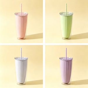 Gobelet en plastique à double paroi avec couvercle, motif dessin animé, pour boissons glacées d'été, avec paille, 400 ml, design moderne, idéal pour les fêtes - Product Image 4