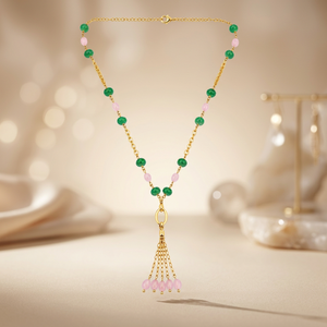 Custom Rhodium Plated Necklace Green Onyx Pink Quartz Bead Station Oval Link Y Lariat Tassel Drop Chain Fine Women Luxury <b>Gift</b> - Product Image 5