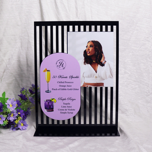 Elegantes tarjetas de menú de boda acrílicas con marco de rayas negras, Sección de recetas de bebidas ovaladas moradas y exhibición de fotos - Product Image 1
