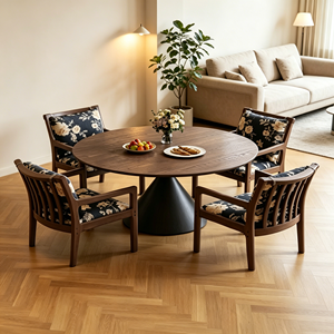 Ensemble de table à manger moderne en noyer foncé avec base à piétement unique et 4 chaises rembourrées à dossier à lattes en tissu floral, mobilier de salle à manger 6 places - Product Image 5