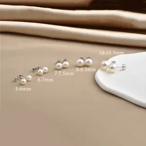 5-12mm Simple Real Freshwater Cultured Pearl Studs Earrings Jewelry Women White Button 925 Sterling Silver Pearl Earrings