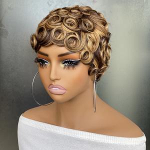 Cheveux humains Highlight Short Pixie Cut <span class=keywords><strong>avec</strong></span> Bangs Rose Net Cap Everyday Formal Hairstyle Machine Made Perruque - Product Image 2