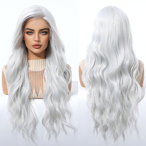 Miễn Phí Phong Cách 13X6 Ren Tóc Giả Trong Tương Lai Sợi Tổng Hợp Tự Nhiên Sóng Xoăn Tóc Giả Cảnh Thực Hình Ảnh Mật Độ Cao Tinh Khiết Màu Trắng Màu Xám Tóc Giả - Product Image 1