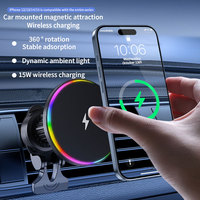 Support magnétique réglable pour grille d'aération de voiture avec chargeur sans fil pour iPhone, lampe d'ambiance RVB colorée, chargeur sans fil magnétique 15W