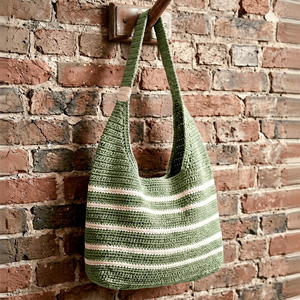 Sac fourre-tout en crochet vert rayé style bohème avec fermeture éclair, écologique, pour la plage, toutes saisons, pour femmes - Product Image 1
