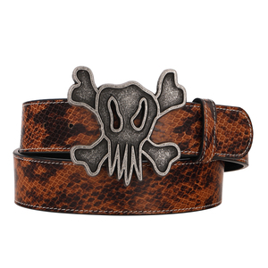 Sabuk Kulit Asli Desainer Khusus Pria dengan Gesper Pelat Tengkorak Gaya Vintage Baru, Bahan Campuran Kulit Sapi dan Bulu Kuda - Product Image 4