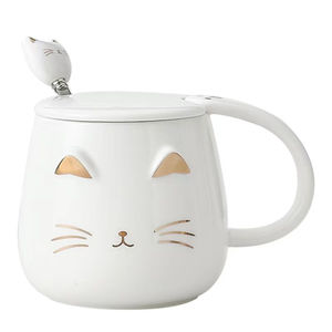 Grande tasse en céramique à motif de chat mignon avec couvercle et cuillère, cadeau créatif pour le bureau et les étudiants, pour le café ou le thé - Product Image 1