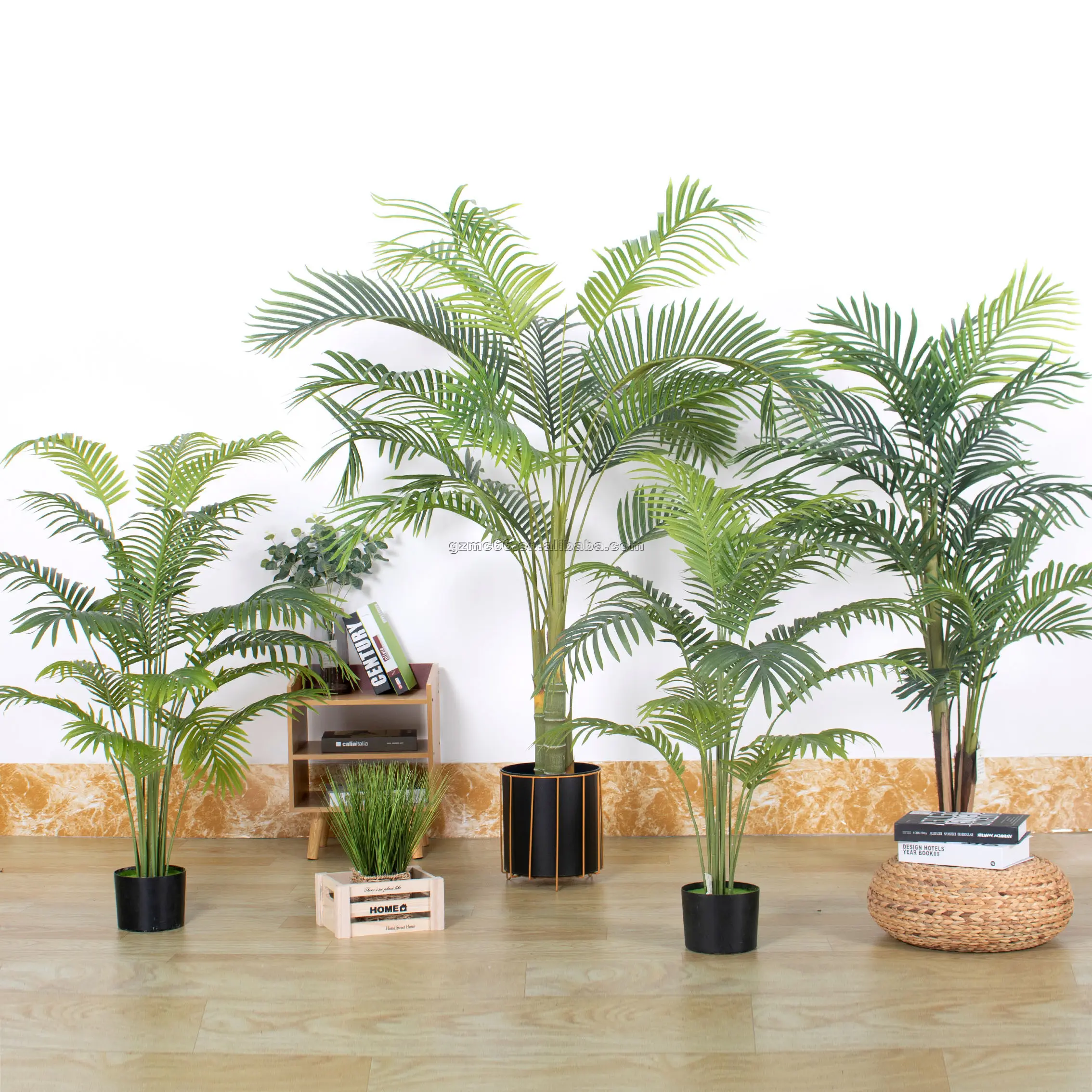 artplants Set de 2 x Palmera Areca artificial en maceta de cemento Palma artificial / Árbol decorativo 90 cm 17 frondas 