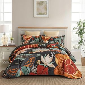 Farmhouse Botanical Lightweight <strong>Bedspread</strong> Coverlet <strong>Set</strong> with 2 Shams <strong>Black</strong> Boho Floral Reversible 3 Piece Quilt <strong>Sets</strong> for Home - Product Image 5