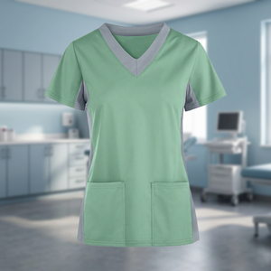 Women's V-Neck Scrub <b>Top</b> Green With Gray Accents Short Sleeve Two Front Pockets Hospital Uniform Wear - Product Image 3