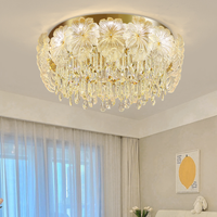 Lampu Plafon Kristal LED Bentuk Bunga, Bahan Stainless Steel IP44, Lapisan Emas Kontemporer, CRI 97 Tinggi, untuk Ruang Tamu