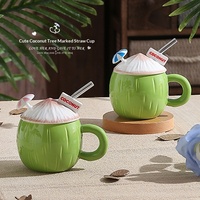 Mug en céramique créatif en forme de cocotier avec paille, cadeau mignon pour couple, pour hommes et femmes, tasse à café verte fabriquée à Chaozhou, souvenir