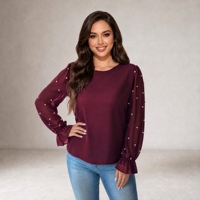 Blusa Elegante de Talla Grande para Mujer, Sólida, Holgada, con Cuello, Manga Larga, Puños con Volantes, Mangas Transparentes con Cuentas, Tejido de Gasa, Otoño Verano
