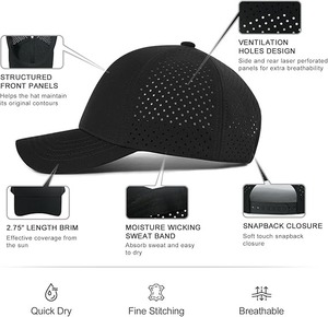 Vente en gros en stock Chapeau perforé au laser personnalisé Casquette de baseball imperméable vierge à 6 panneaux - Product Image 5