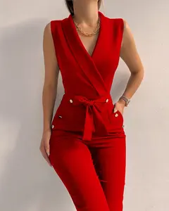 ZHEZHE Verano diseño elegancia ropa de oficina mujeres sin mangas cuello en V alta calidad monos de una pieza slim fit pantalones negros trajes