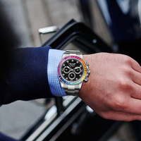 PINDU Luxus Herren Multifunktions-Automatikuhr mit Diamantlünette, Wasserdicht, Glas-Kristall, Schwarzes Chronographen-Zifferblatt