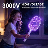 Raquette anti-moustiques électrique rechargeable à 3 couches de mailles avec lumière LED COB 1W, 3000V, piège à mouches portable, exterminateur d'insectes