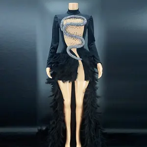 Novance Y2318-B Kleding Leveranciers Diamant Applique Snake Zwart Trailing Veer Jurk Goth Kleding Sexy Club Party