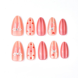 Faux ongles à presser courts en amande pour la Saint-Valentin, faits main, rose œil de chat, nœud métallique, petit cœur, en gel souple, pour les rendez-vous, vente en gros - Product Image 2
