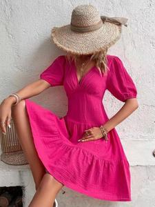 Robe d'été décontractée à manches courtes pour femme, col en V profond, couleur rouge <span class=keywords><strong>rose</strong></span> unie, élégante - Product Image 4