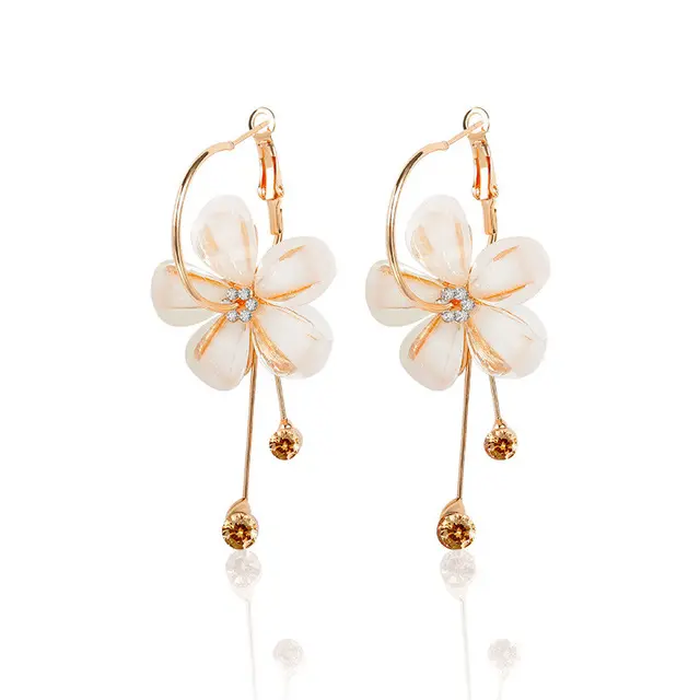 Nghĩa Ô Mẫu Miễn Phí Khí Chất Ngọt Ngào Năm Cánh Hoa Trang Sức Dài Phần Hoa Trà Hoa Kim Cương Hoop Earrings Cho Phụ Nữ