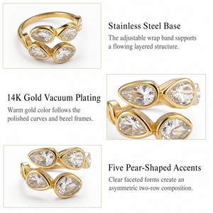 Five Pear Accent Open Stainless Steel <b>Ring</b> with 14K Gold Vacuum Plating Layered Adjustable <b>Statement</b> Design - Product Image 4