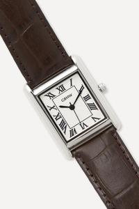 Montre classique carrée large GBHW, argentée et marron, montre-bracelet à quartz avec boîtier en acier inoxydable, bracelet en cuir, style luxueux - Product Image 5