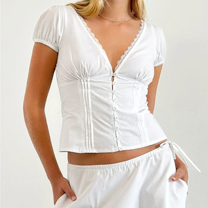 Customized Vintage Corset-Inspired Button Front Short Sleeve <strong>White</strong> <strong>Lace</strong> Trim <strong>Crop</strong> <strong>Top</strong> - Product Image 2