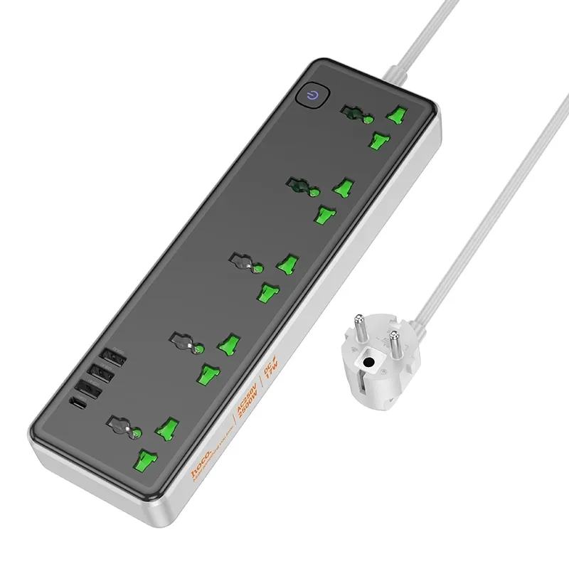AC EU Home Charge Socket 13A Type-C 1.5m 5-position Power Sockets with USB-C 3USB Ports