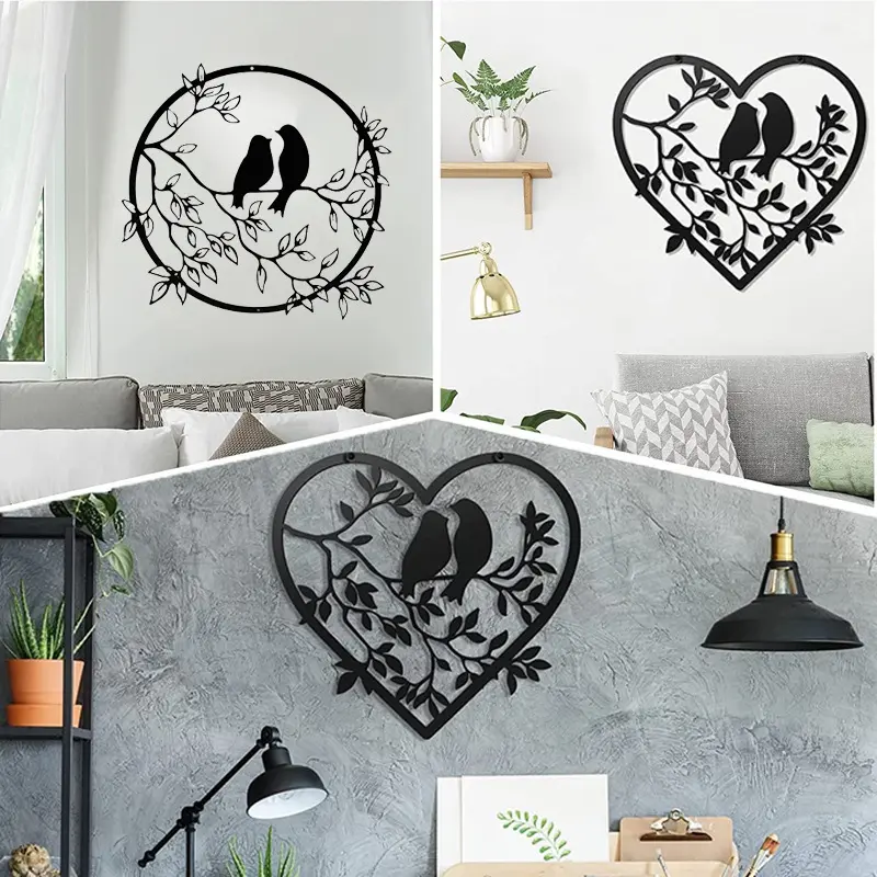 YJL Silhueta de pássaros de amor minimalista, coração circular, metal, decoração de parede, varanda, sala de estar, arte de metal, arte de parede, metal
