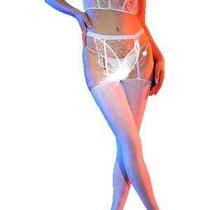 High Sheer Black Thigh High <b>Stockings</b> 15D Transparent Women's Glossy Over The Knee With Lace And Butterflies - Product Image 5